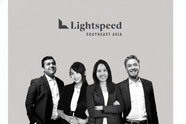 Four smiling professionals, two men and two women, in business attire standing below the Lightspeed Southeast Asia logo, resized to a 1 6: 9 aspect ra