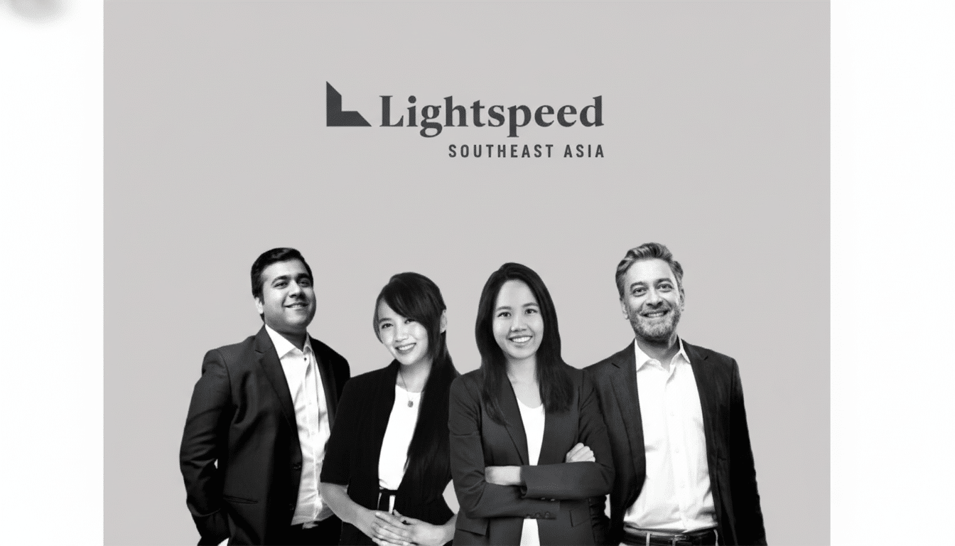 Four smiling professionals, two men and two women, in business attire standing below the Lightspeed Southeast Asia logo, resized to a 1 6: 9 aspect ra