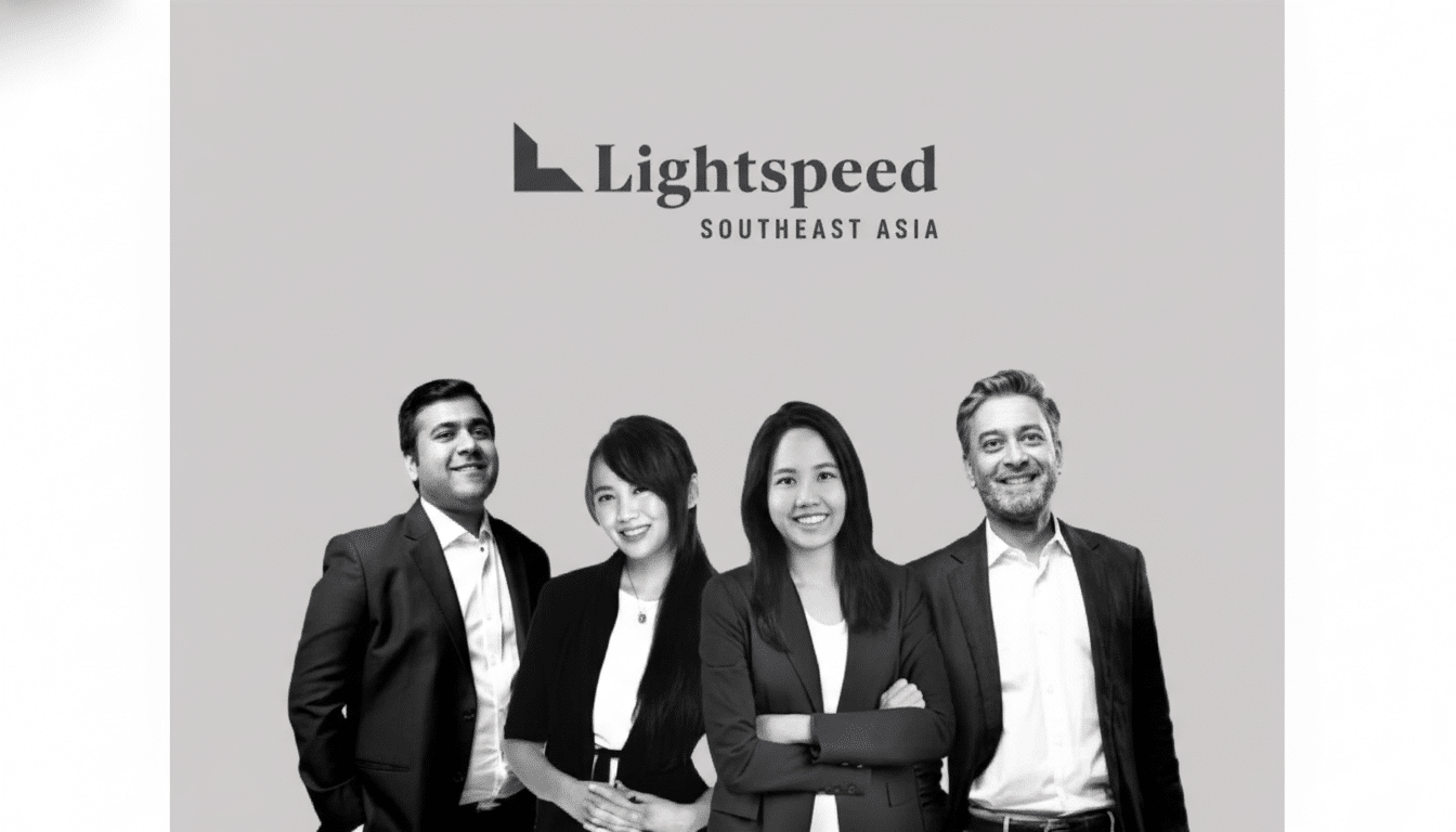 A professional black and white group photo of four individuals— two men and two women—standing in front of a light gray background with the Lightspeed