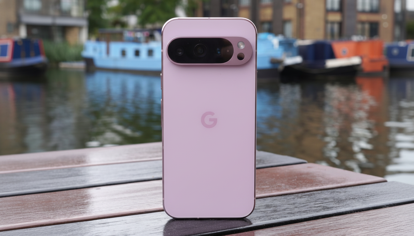 A professional shot of a lilac -colored Google Pixel phone on a wet wooden table, with a canal and boats in the blurred background. Filename : lilac google pixelcanal background .png