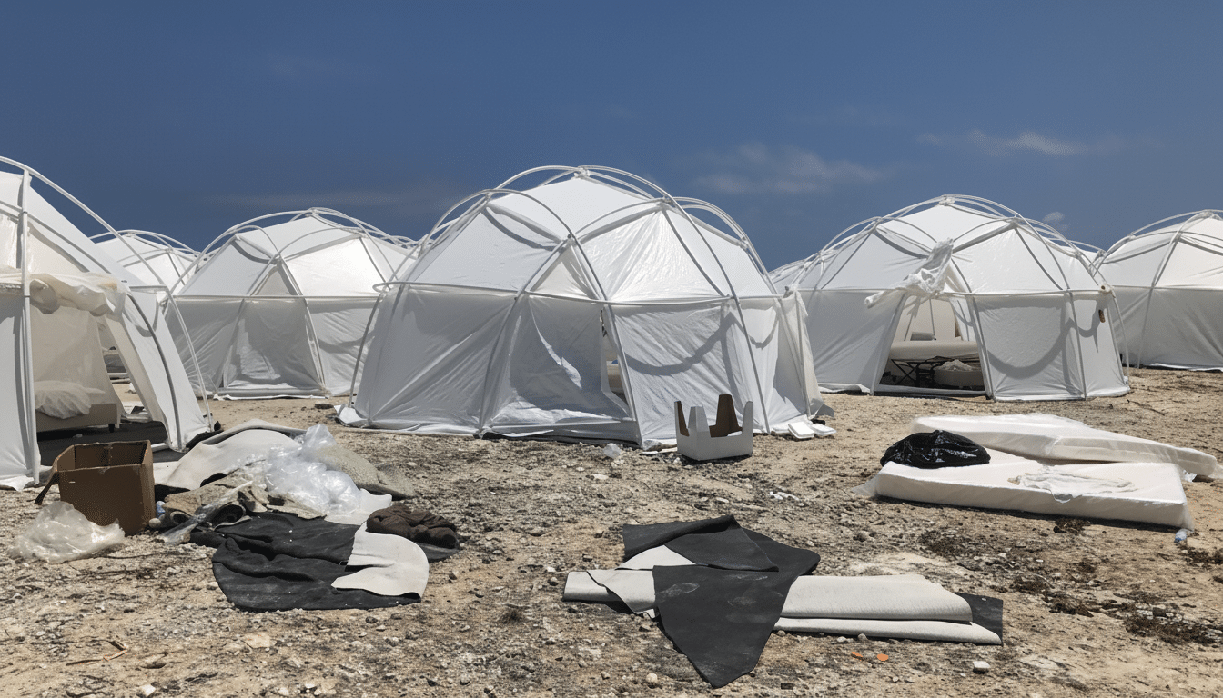 Several white geodesic dome tents set up on a rocky , barren landscape under a clear blue sky, with some scattered debris in the foreground.