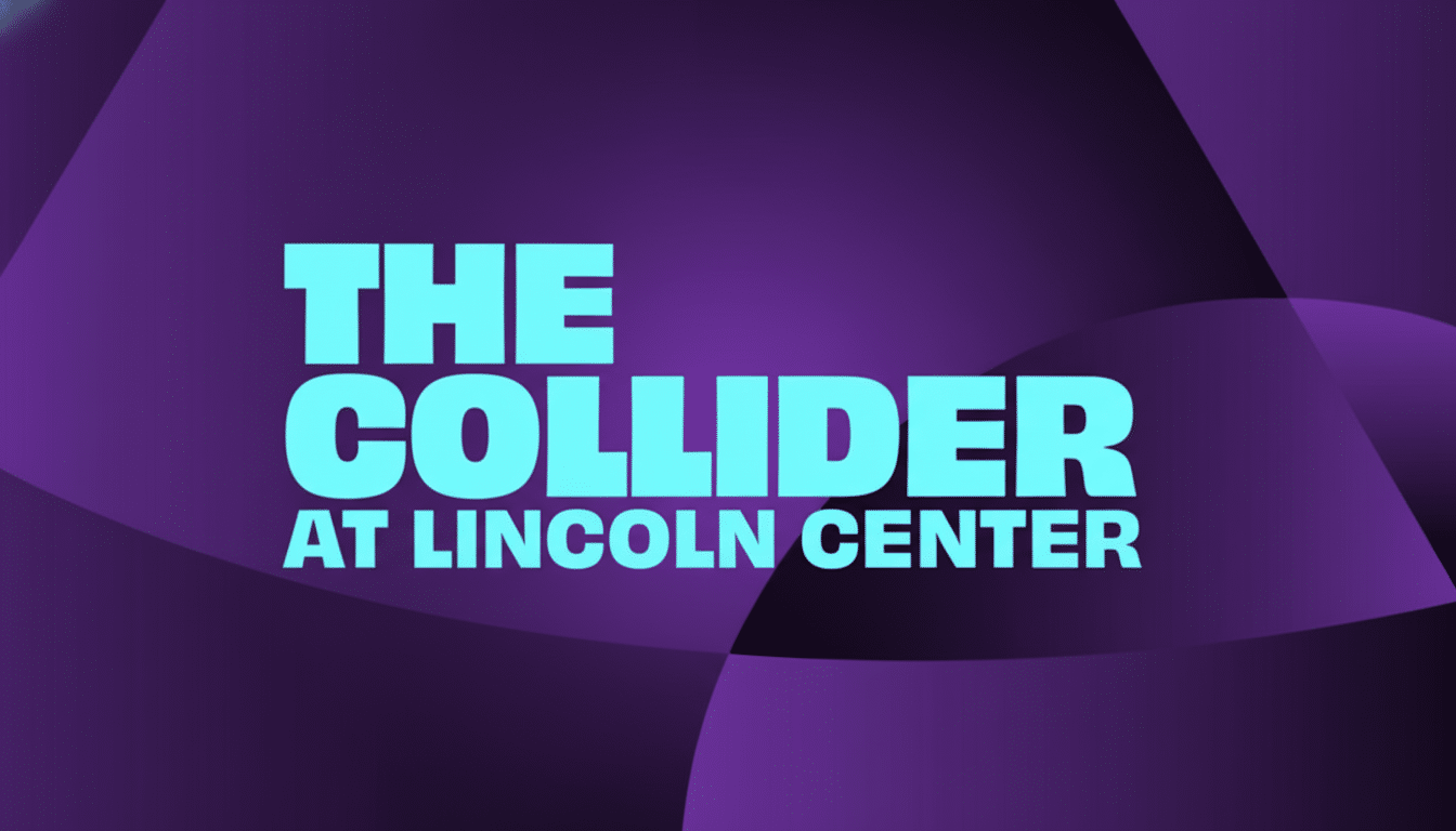 The text THE COLLIDER AT LINCOLN CENTER in bright blue on a purple background with abstract, flowing dark purple shapes. Filename : the colliderlin colncenter logo. png