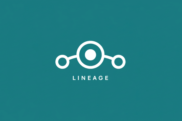The Line ageOS logo, featuring a white abstract circular design with smaller circles connected by lines , above the word LINE AGE in white capital letters, all set against a teal background .