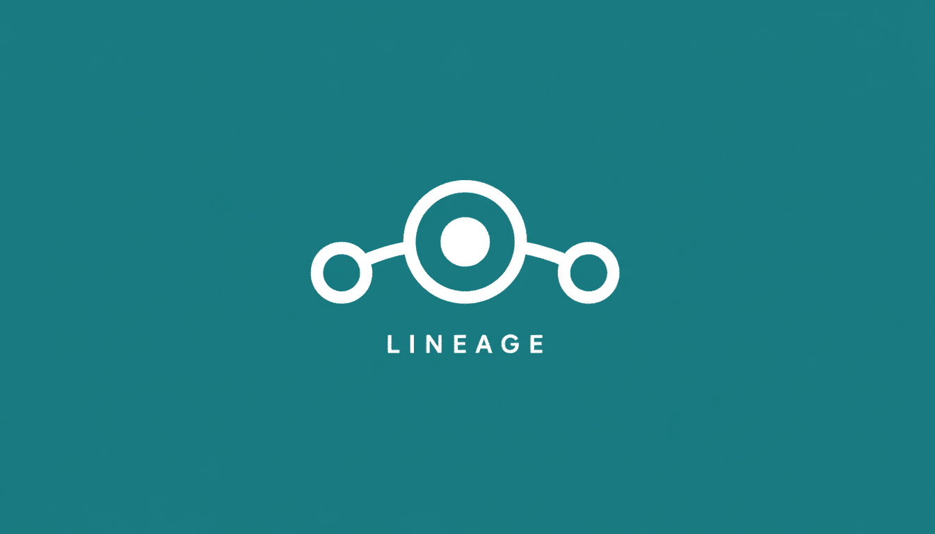 The Line ageOS logo, featuring a white abstract circular design with smaller circles connected by lines , above the word LINE AGE in white capital letters, all set against a teal background .