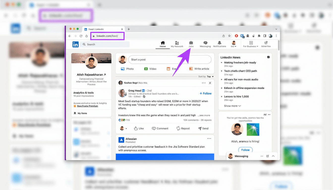 Screenshot of the LinkedIn website feed with the URL and Jobs tab highlighted, presented in a professional 1 6: 9 aspect ratio.