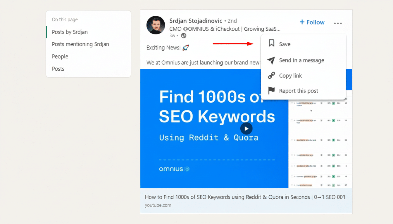 Screenshot showing a LinkedIn post with a red arrow pointing to the Save option in a dropdown menu.