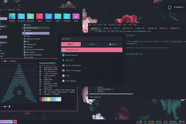 A desktop screenshot of a Linux operating system with various windows open, including a file manager, a terminal showing system information, and an application launcher . The background features a floral design .