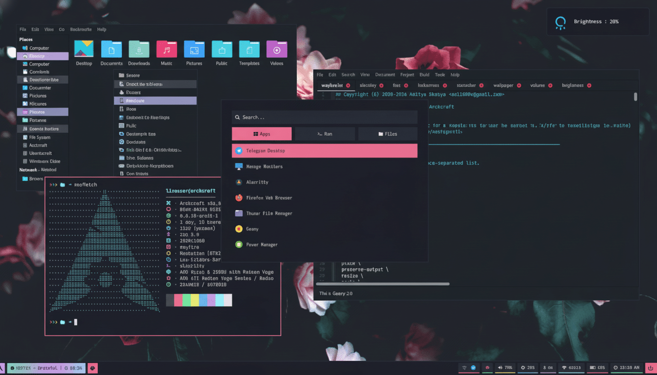 A desktop screenshot of a Linux operating system with various windows open, including a file manager, a terminal showing system information, and an application launcher . The background features a floral design .