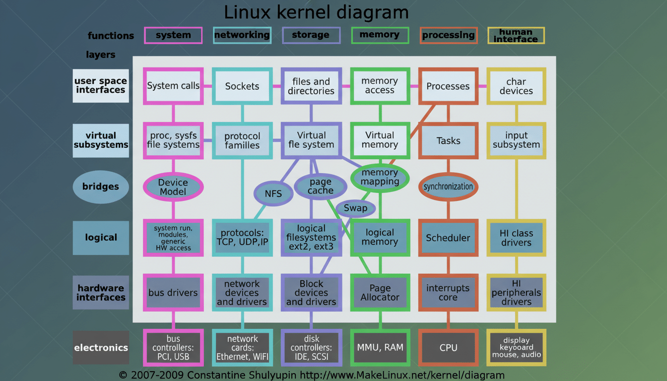 Diagram illustrating the architecture of the Linux kernel, categor izing its components into functional areas like system, networking, storage, memory