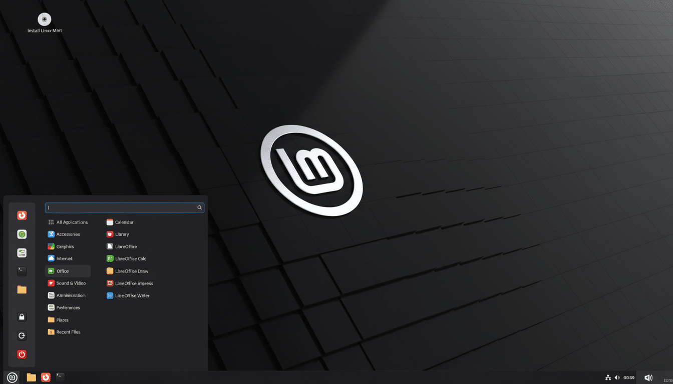 A resized and enhanced image of the Linux Mint desktop, showing the start menu open to the Office applications .