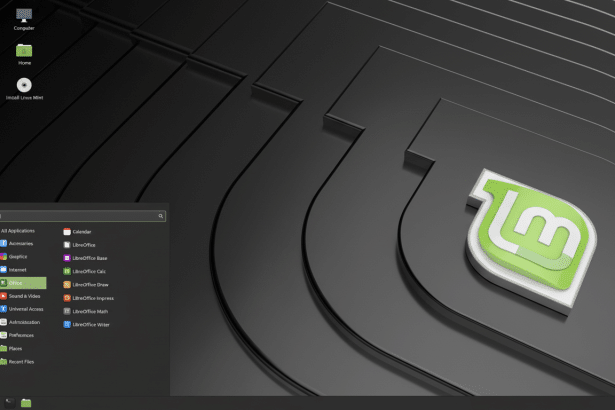 A screenshot of the Linux Mint desktop environment, showing the start menu open to the Office category. The desktop background features a dark, abstra