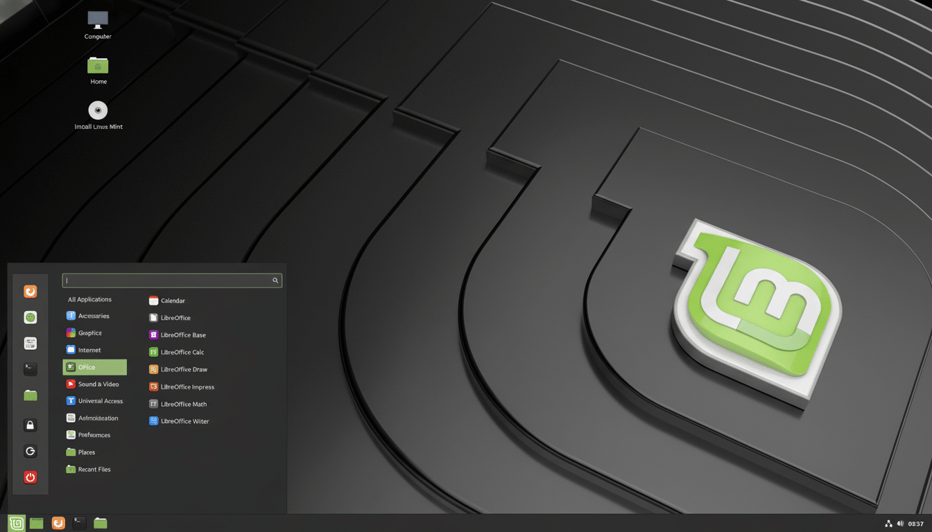 A screenshot of the Linux Mint desktop environment, showing the start menu open to the Office category. The desktop background features a dark, abstra
