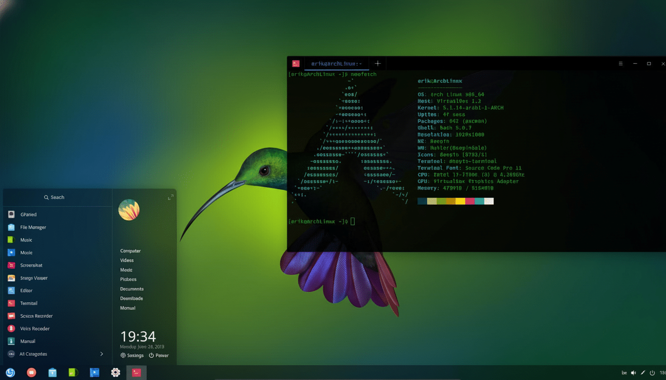 A desktop screenshot featuring a Linux terminal running Neofetch, displaying system information next to an ASCII art hummingbird, with a translucent application launcher visible on the left side of the screen.