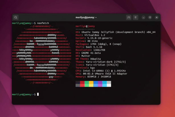 A screenshot of a Linux terminal showing Neofetch output with system information, including Ubuntu Jam my Jellyfish, Kernel 5.1 5.0, Gnome 42, and har