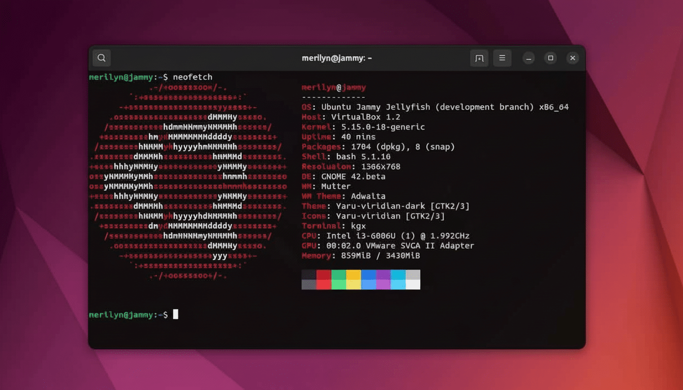 A screenshot of a Linux terminal showing Neofetch output with system information, including Ubuntu Jam my Jellyfish, Kernel 5.1 5.0, Gnome 42, and har