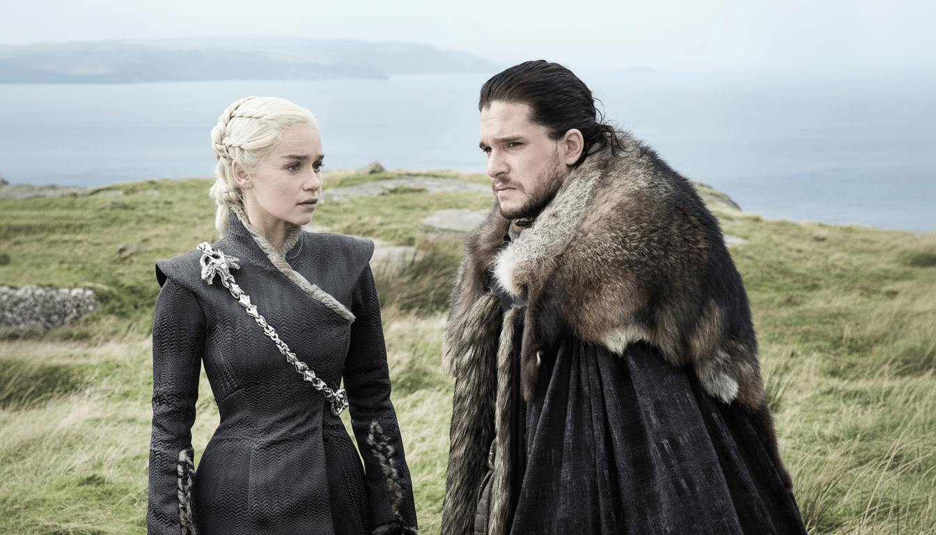 Da enerys Targary en and Jon Snow stand on a grassy cliff overlooking the sea , looking at each other intensely .