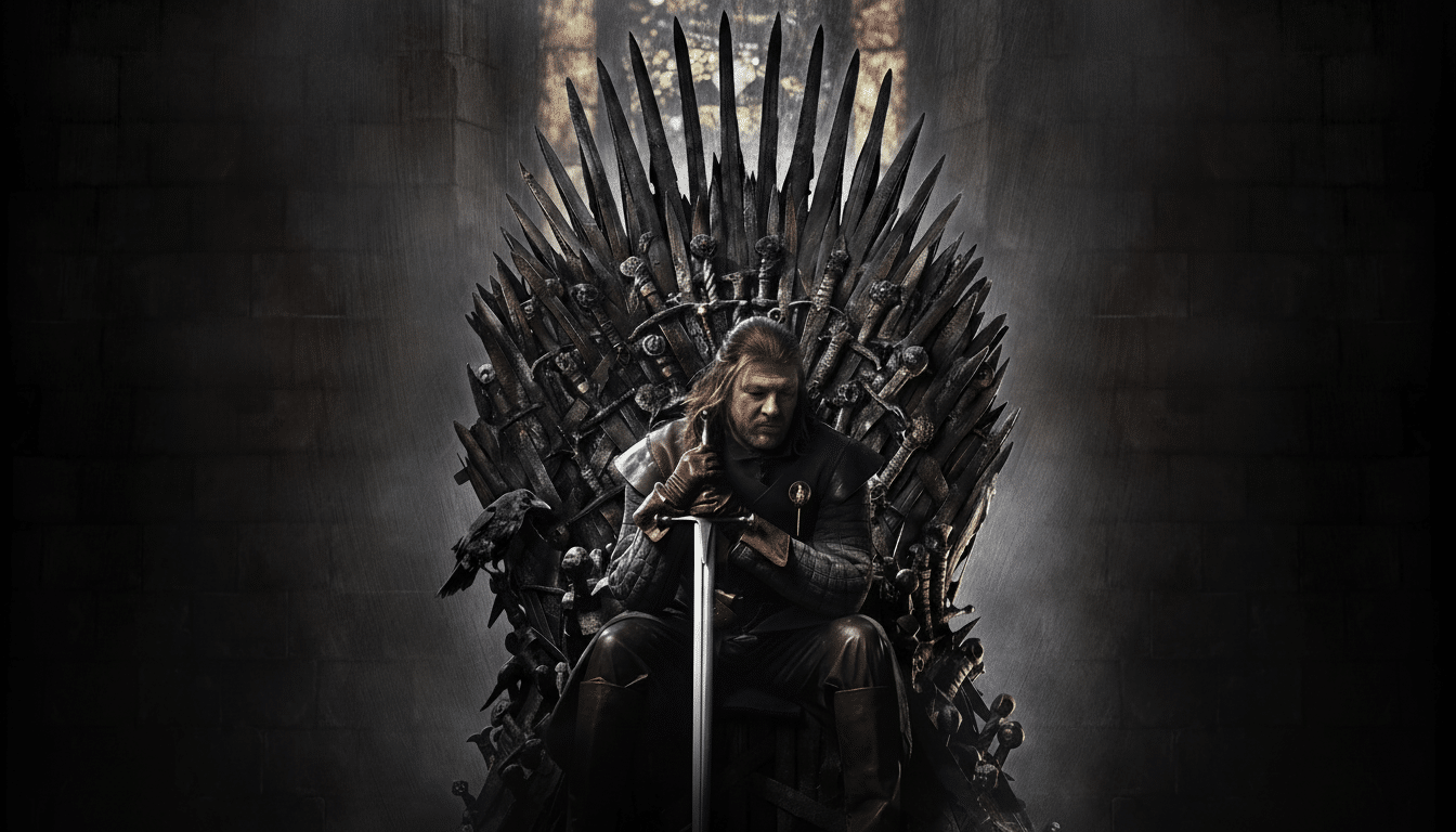 A man with long hair and a beard sits on a large , ominous throne made of swords, holding a sword across his lap.