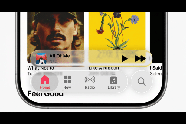 A close-up of an iPhone screen displaying the Apple Music interface with a song playing and navigation options at the bottom.