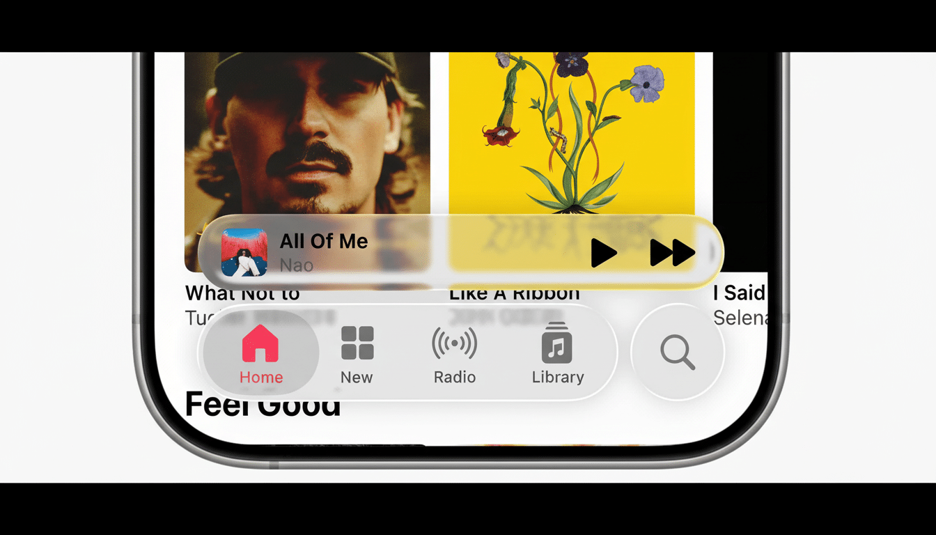 A close-up of an iPhone screen displaying the Apple Music interface with a song playing and navigation options at the bottom.