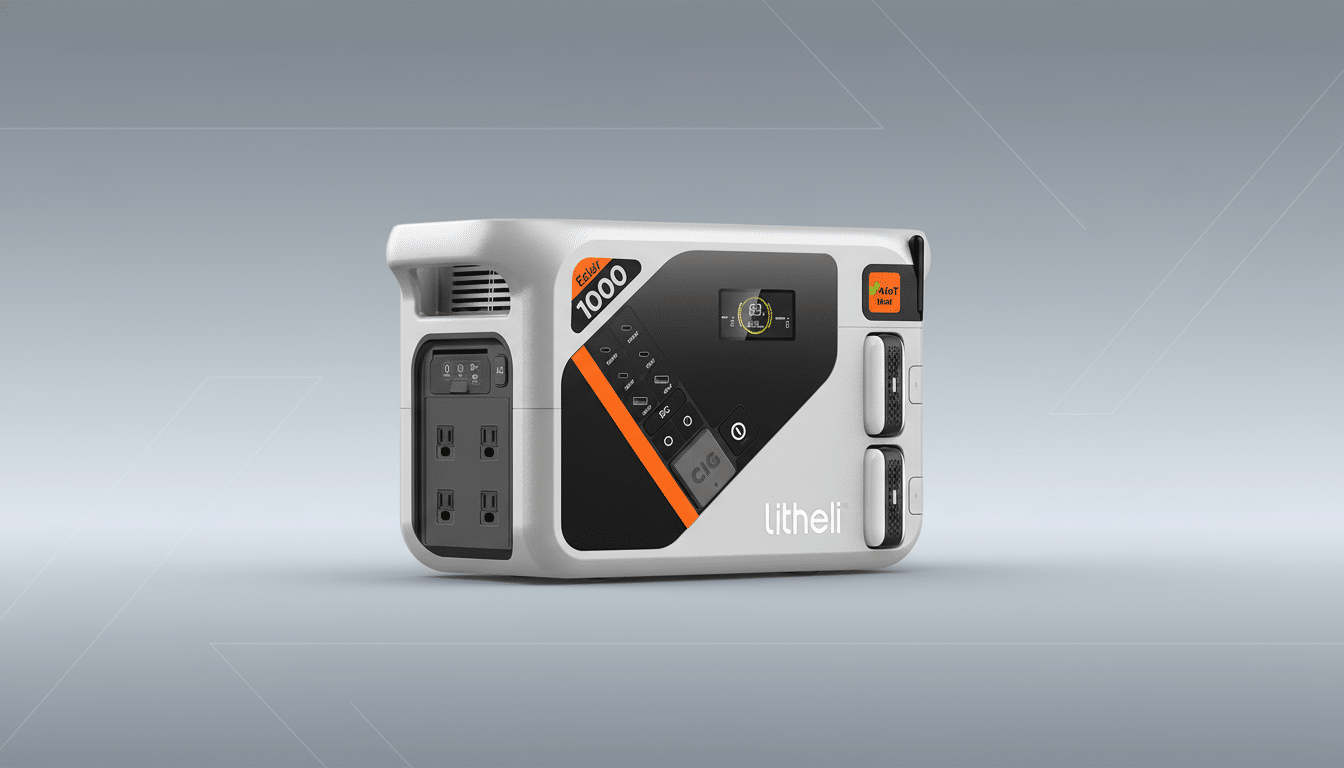 A white and black Lit heli Eclair 1000 portable power station with orange accents on a professional gray gradient background. Filename : litheli eclair1 000 powerstation. png