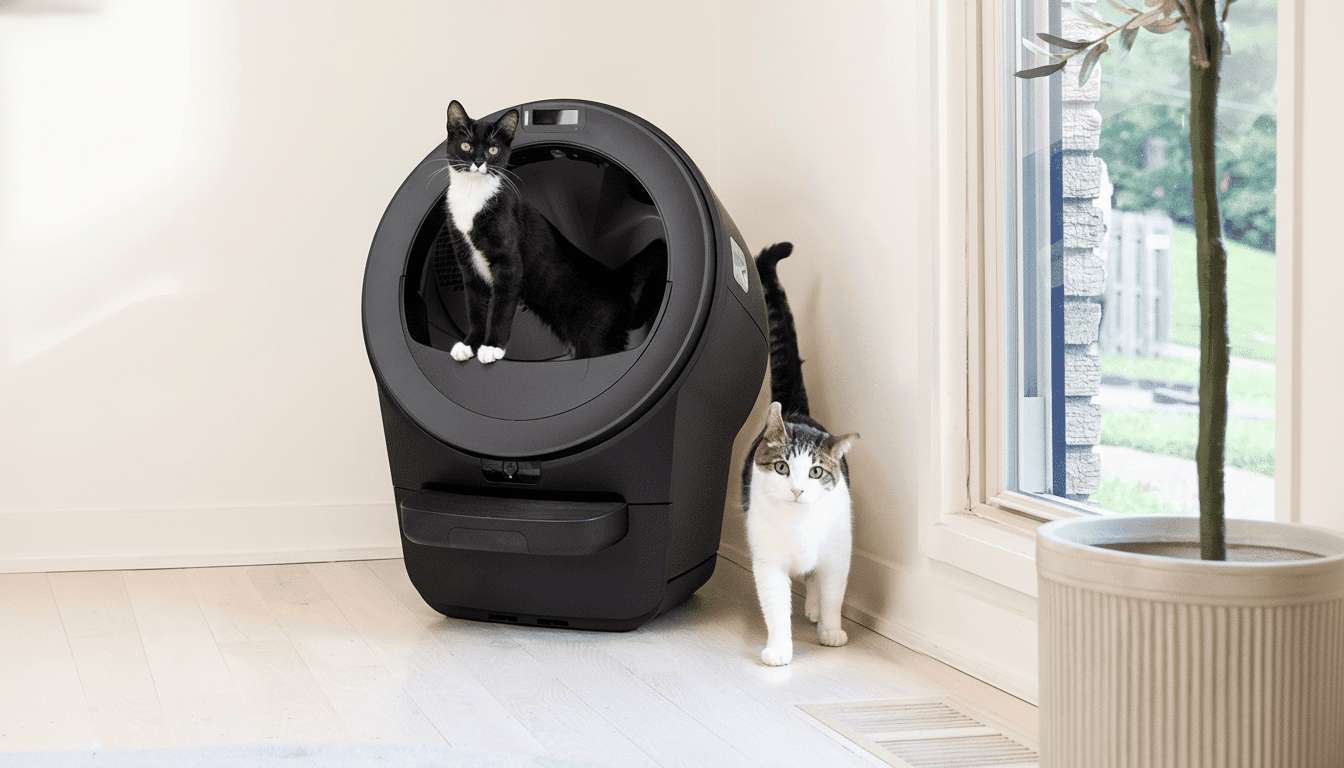 A black and white cat sits inside a large, modern black litter box, while a tabby cat stands on the floor next to it, both looking towards the camera. The scene is set indoors near a window with natural light. Filename : cats litter box1 69. png