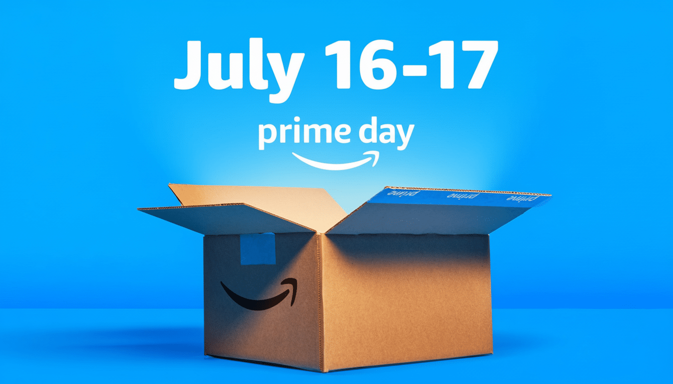 An Amazon Prime Day promotional image showing an open cardboard box with the Amazon smile logo, set against a bright blue background. Above the box, the text July 16-1 7 is prominently displayed in white, with prime day and the Prime smile logo below it. The image is professionally enhanced and resized to a 16:9 aspect ratio.