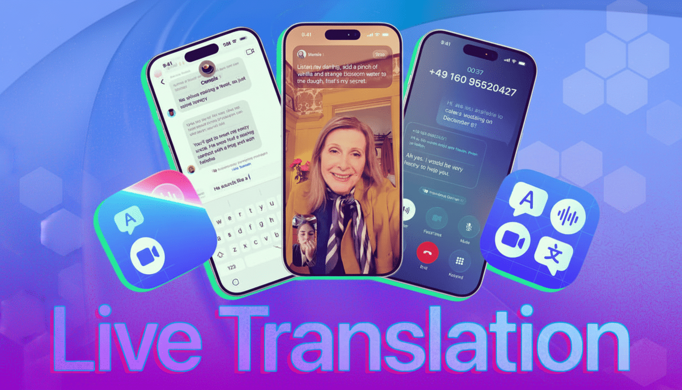 Three smartphones displayed with Live Translation text below, showcasing a text message conversation, a video call with a woman, and a phone call inte
