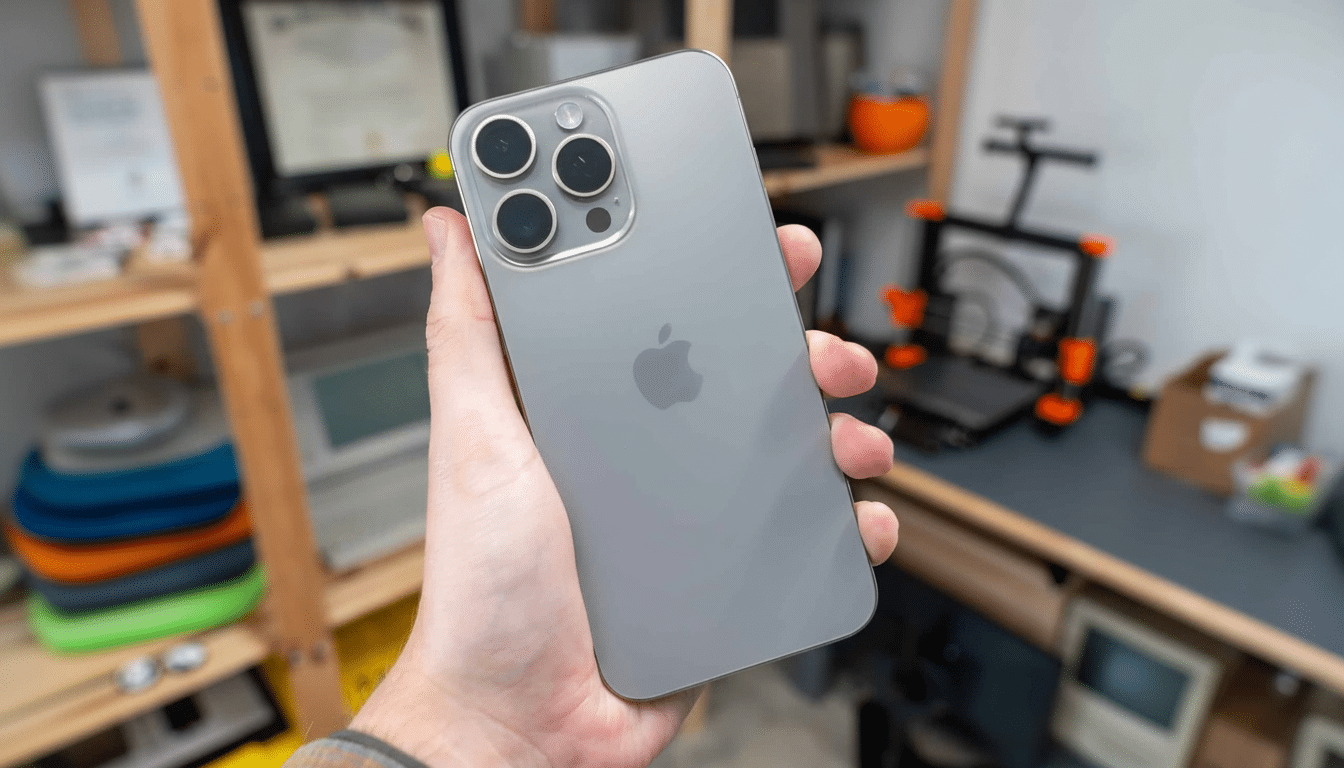 A hand holds a silver iPhone 13 Pro in a workshop setting, showcasing its triple -camera system and Apple logo on the back.