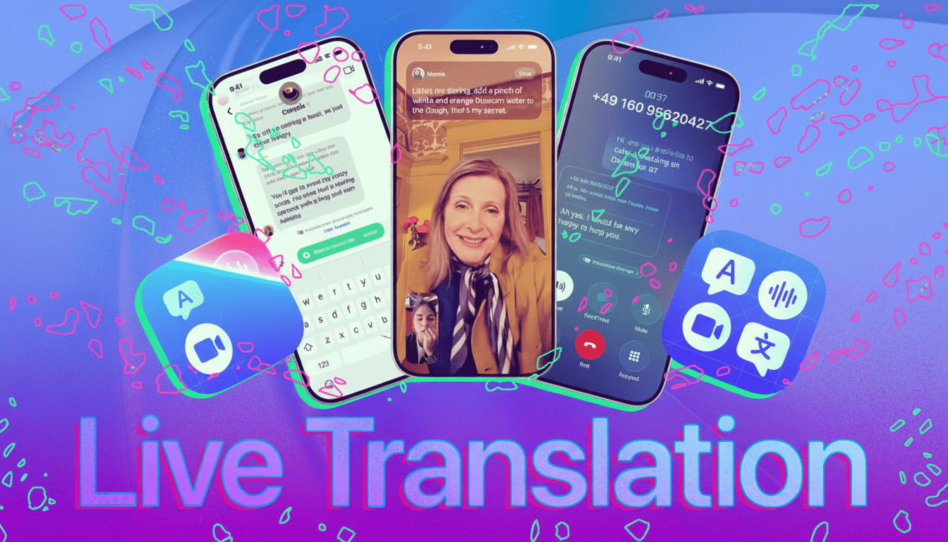 Three smartphones displaying live translation features, with one showing a video call, another a translated text message, and the third a translated p