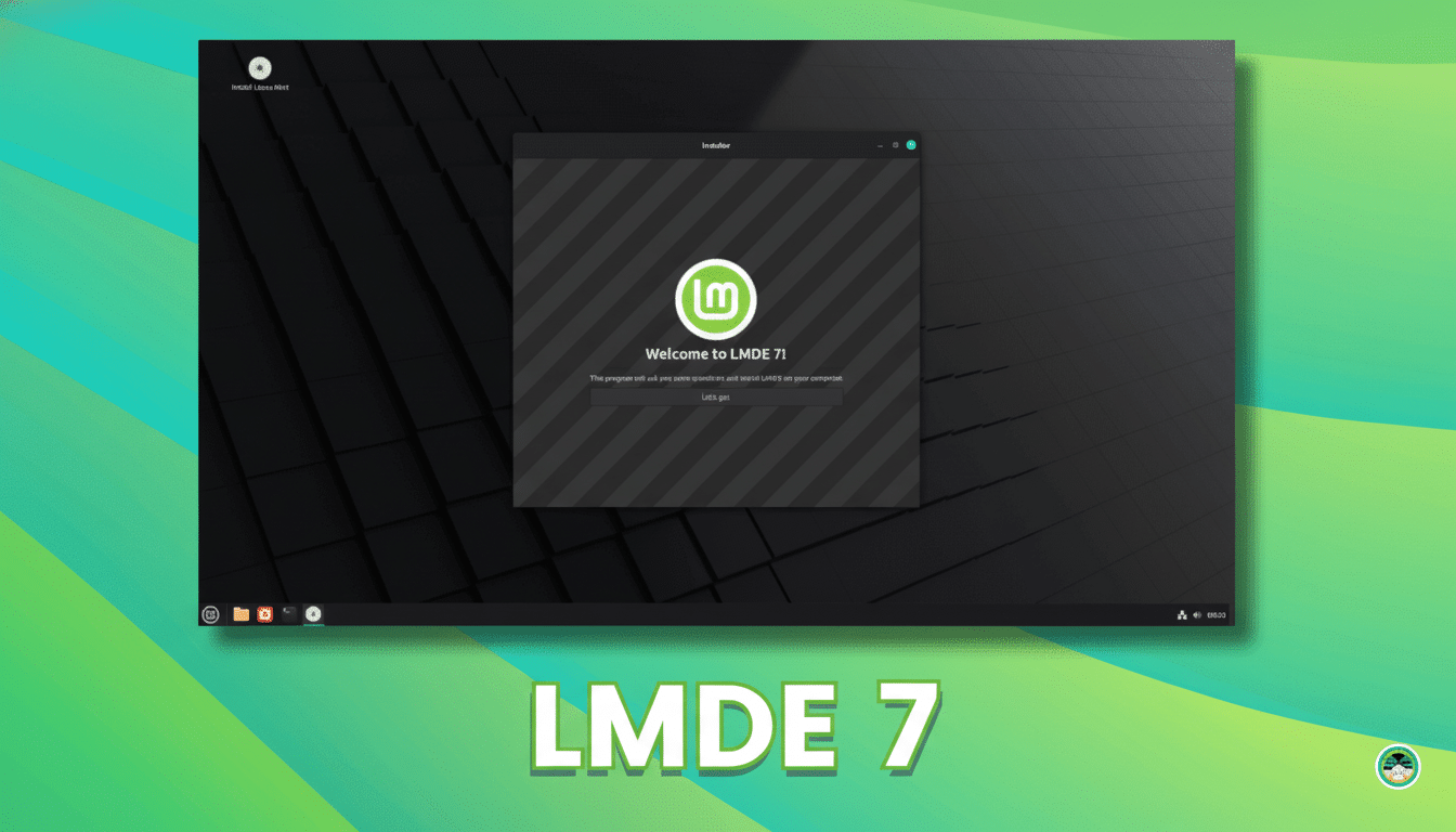 Screenshot of the LMDE 7 installer welcome screen on a desktop background with a professional green gradient. Filename : lmde 7installer screenshot.png