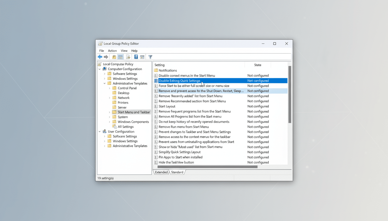 A screenshot of the Local Group Policy Editor in Windows, showing the Disable Editing Quick Settings option highlighted under Start Menu and Taskbar s
