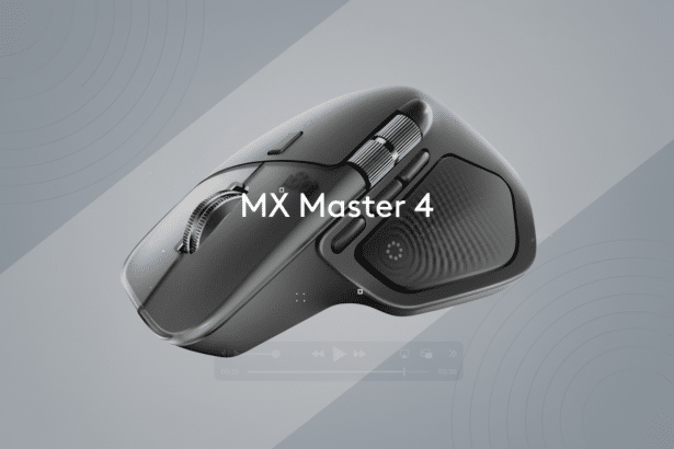 A professional, enhanced image of the Logitech MX Master 4 mouse in a 16 :9 aspect ratio , set against a clean gray background with subtle , soft circular patterns.