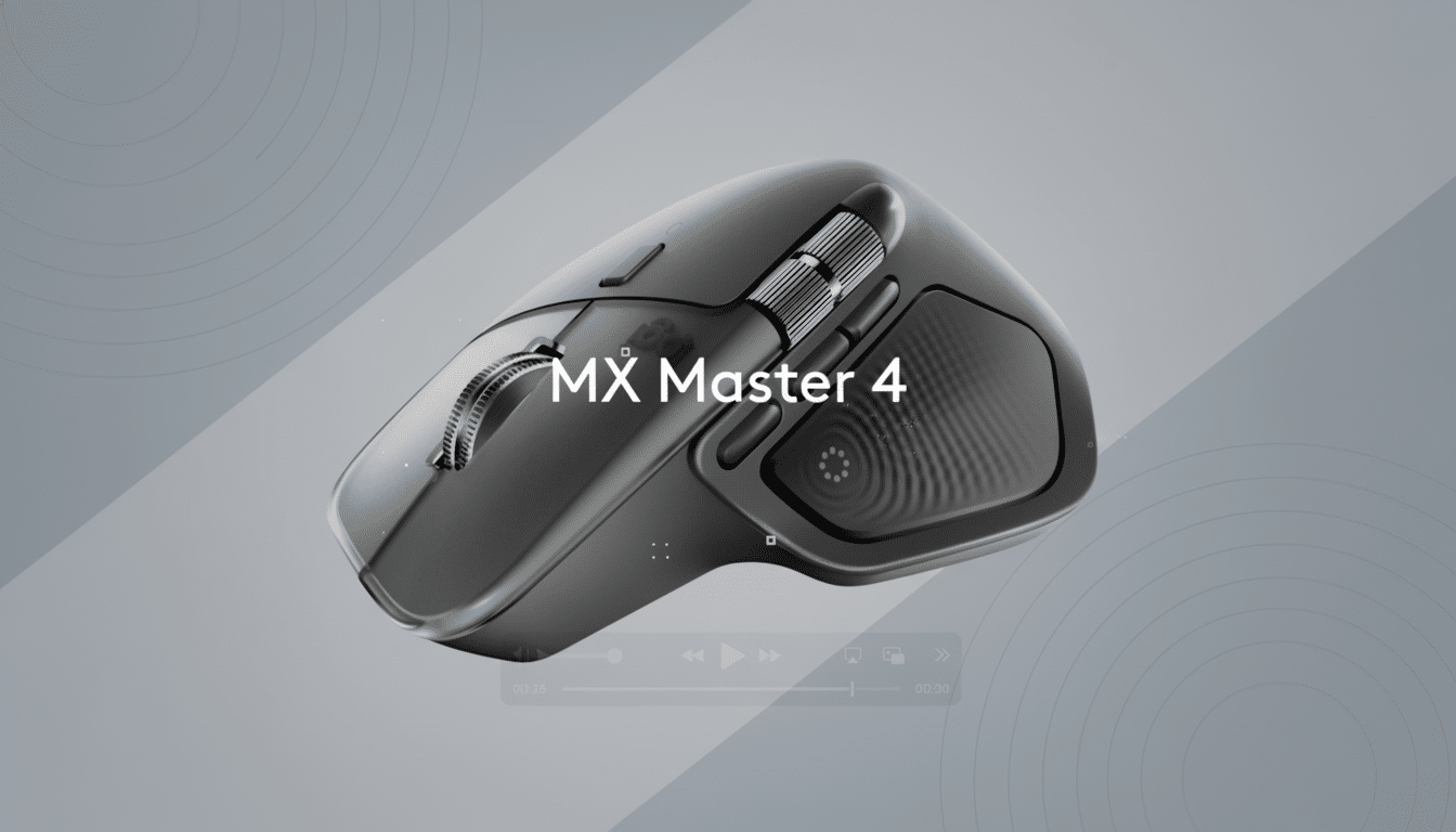 A professional, enhanced image of the Logitech MX Master 4 mouse in a 16 :9 aspect ratio , set against a clean gray background with subtle , soft circular patterns.