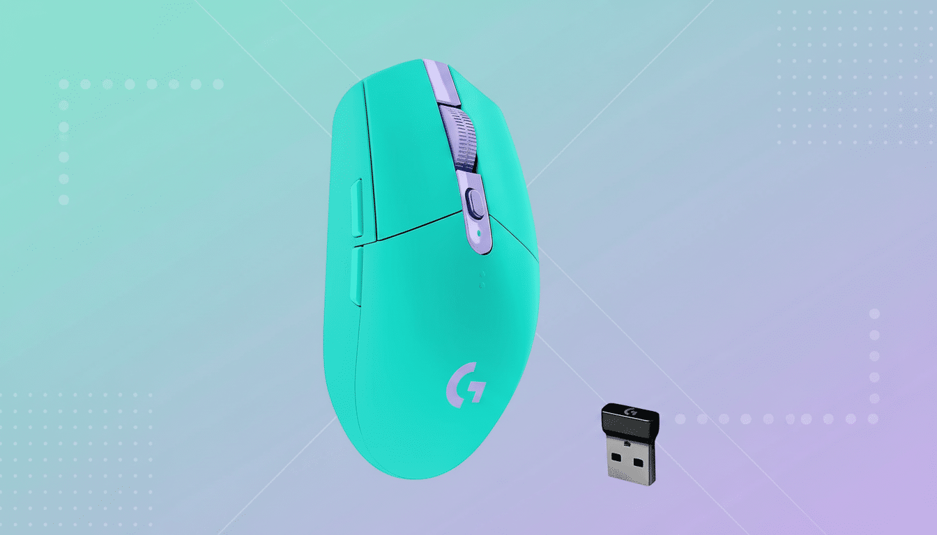 A professional shot of a Logitech G305 LIGHT SPEED wireless gaming mouse in a vibrant teal and purple color scheme, accompanied by its USB receiver . The mouse features a sleek design with two side buttons, a scroll wheel, and the Logitech G logo. The background is a soft, professional flat design with a subtle blue to purple gradient and minimal geometric patterns.