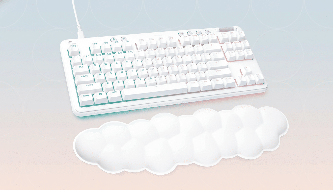 A white mechanical keyboard with RGB backlighting and a cloud-shaped wrist rest on a soft, gradient background. Filename : white mechanicalkeyboard . png