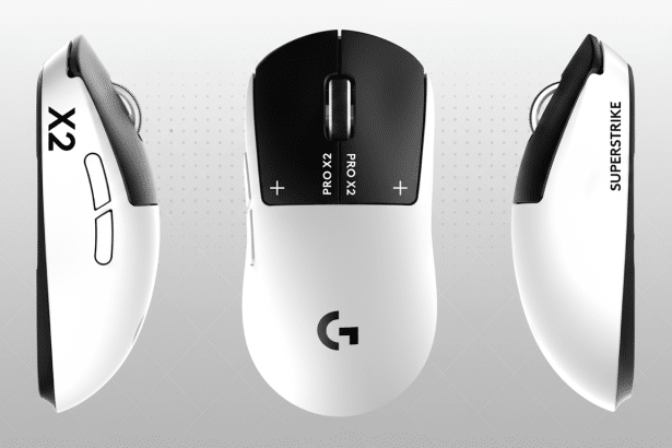 A white and black gaming mouse shown from three different angles ( left side , top , and right side) against a professional gray gradient background. The mouse features X2, PRO X2, and SUPERST RIKE branding .