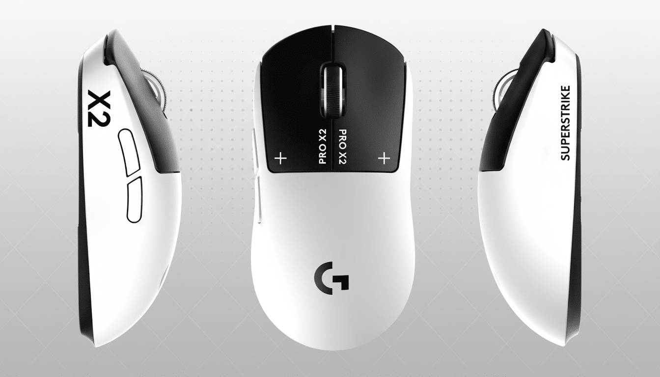 A white and black gaming mouse shown from three different angles ( left side , top , and right side) against a professional gray gradient background. The mouse features X2, PRO X2, and SUPERST RIKE branding .