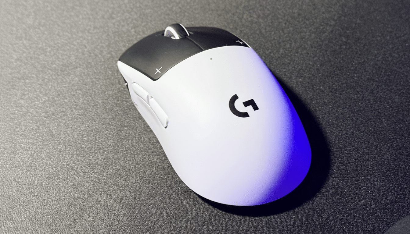 A white and black Logitech G Pro X Super light gaming mouse on a dark gray mouse pad, enhanced for professional presentation. Filename : logitech gpro xsuperlight mouse.png