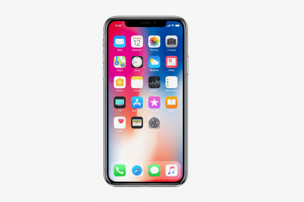 An iPhone X displaying its home screen with various app icons, set against a clean , light grey background .