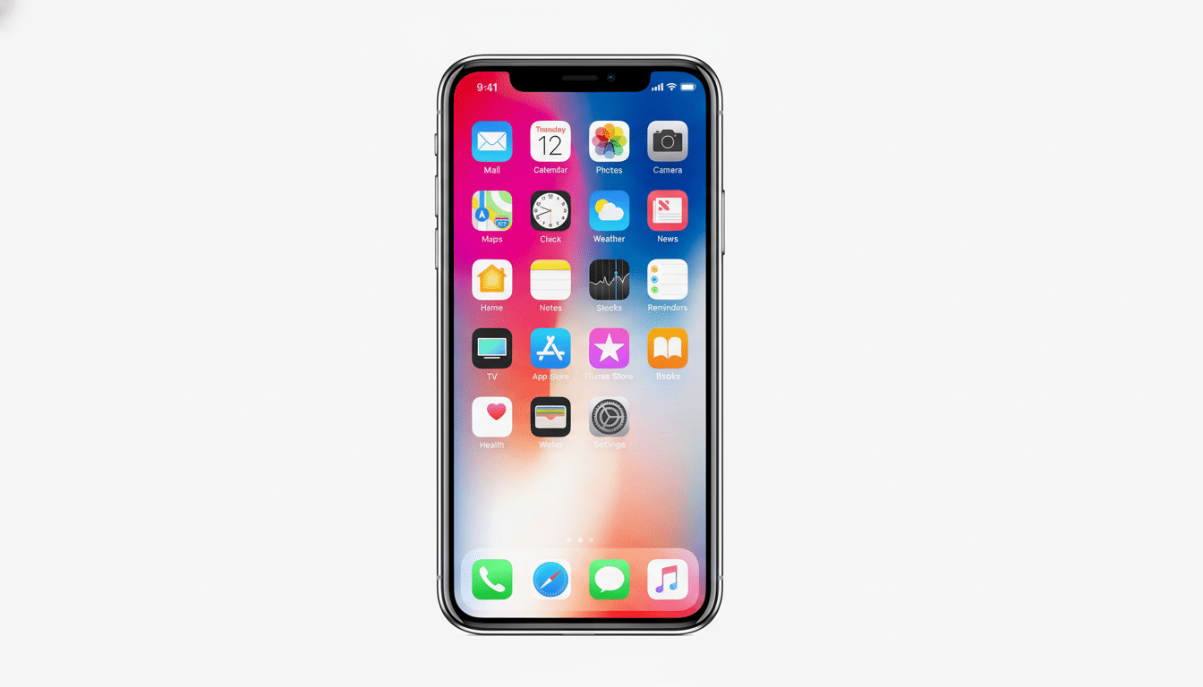 An iPhone X displaying its home screen with various app icons, set against a clean , light grey background .