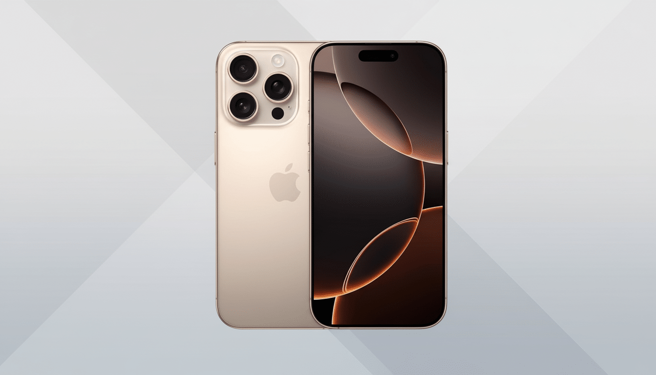 A gold iPhone 15 Pro Max with its back and screen visible , set against a professional light gray background with subtle geometric patterns. Filename : iphone1 5pro maxgold professional. png