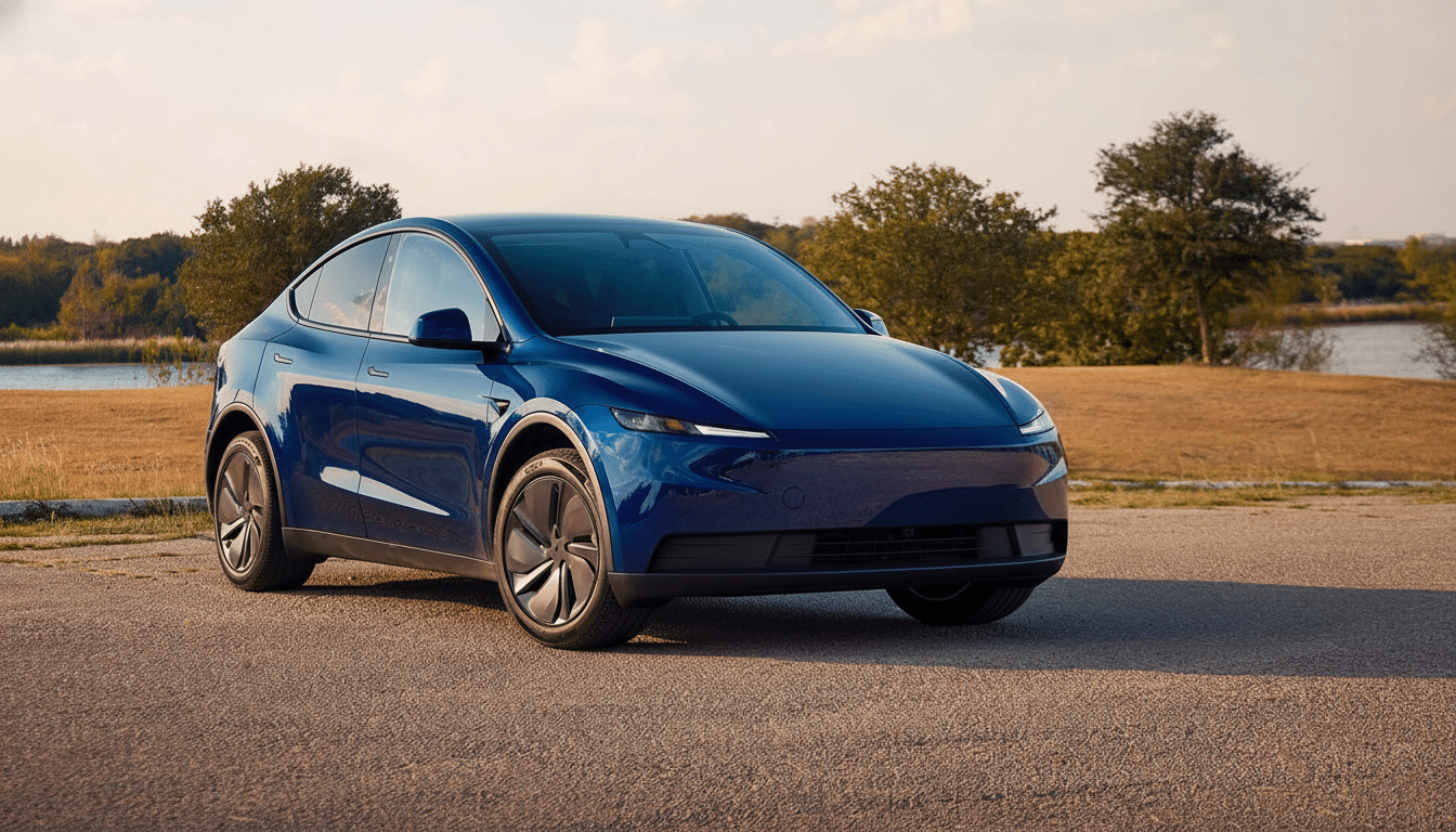A blue electric vehicle, similar to a Tesla Model Y, parked on an asphalt road with a natural background of trees and water under a light sky.