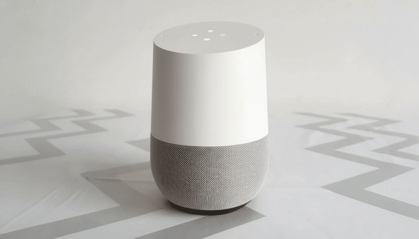 A white and grey smart speaker with colorful indicator lights on top, set against a simple white background with faint zigzag patterns.
