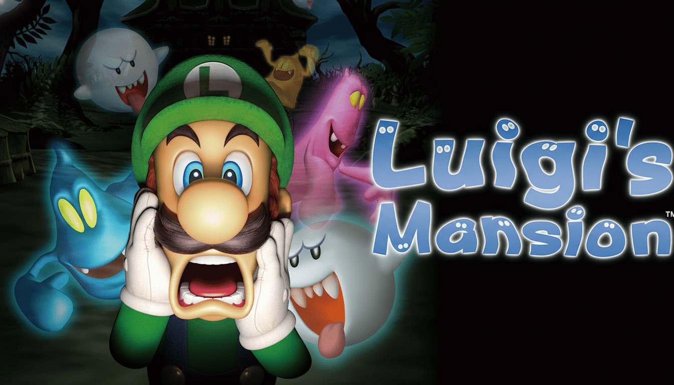 Luigi from Luigi's Mansion , looking terrified with his hands to his face , surrounded by various ghosts on a dark background with the game title.