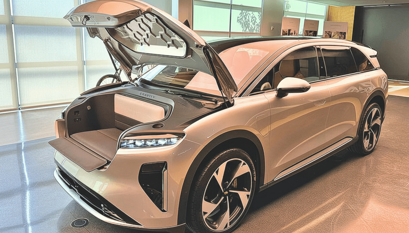 A modern silver SUV with its front hood open, revealing a storage compartment, parked indoors.