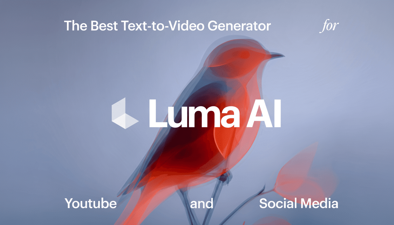 A banner for Luma AI,  The Best Text- to-Video Generator for Youtube and Social Media, featuring a stylized red and blue bird over a soft grey background.