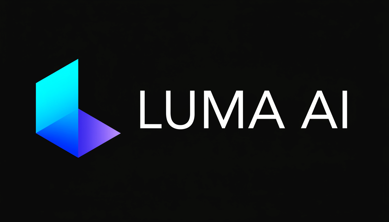 The Luma AI logo , a stylized blue and purple geometric shape resembling an ' L' or an abstract cube, is displayed on a black background , with the text LUMA AI in white sans -serif font to its right. The image is professionally presented in a 1 6:9 aspect ratio. Filename : luma ailogo 16x 9. png