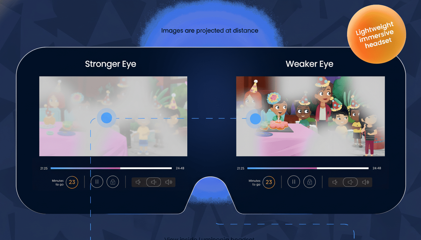 An image showing a virtual reality headset display, with a Stronger Eye view on the left showing a blurry image and a Weaker Eye view on the right sho