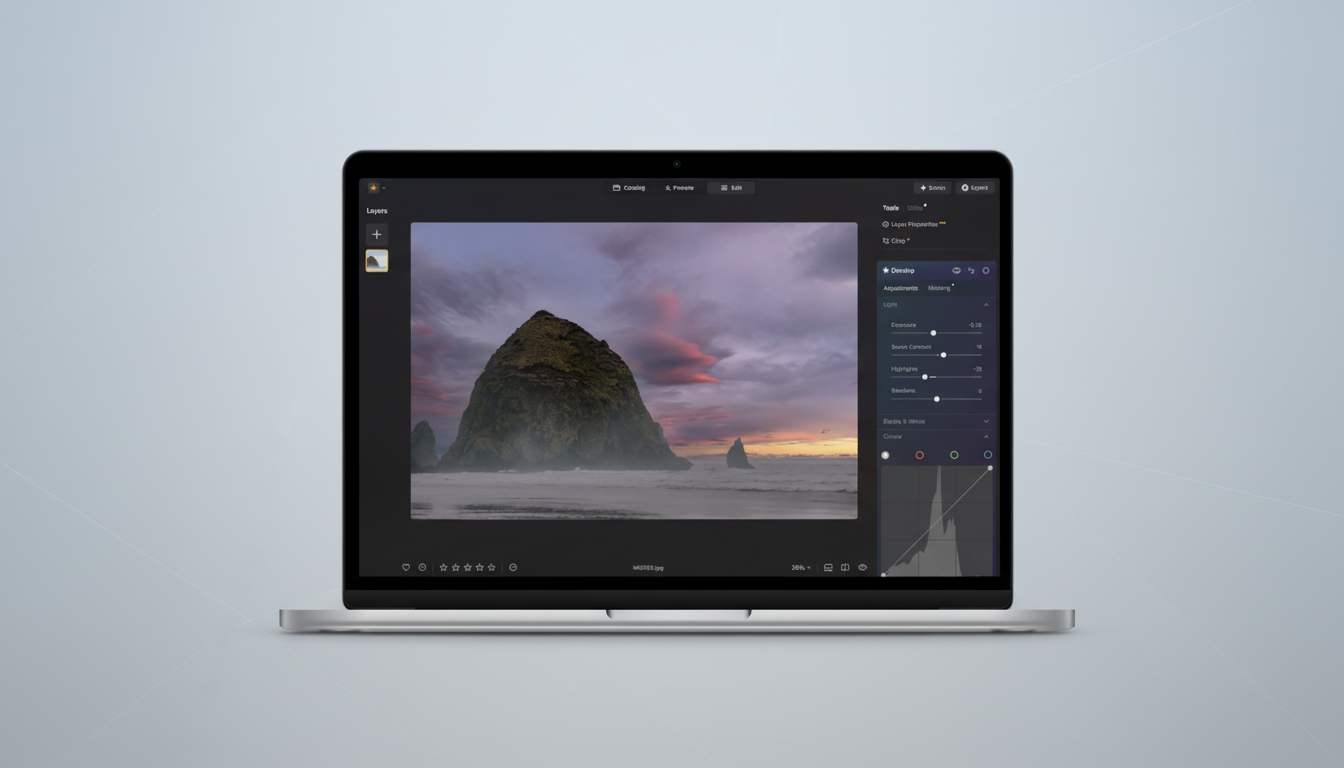 A laptop displaying an image editing software interface with a landscape photo of a large rock formation on a beach at sunset. The laptop is set against a clean, professional flat gray background.