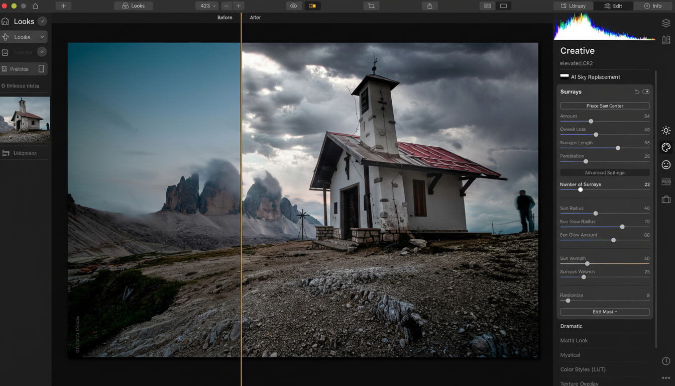 A screenshot of a photo editing software interface showing a split view of an image before and after sky replacement and sunray adjustments.